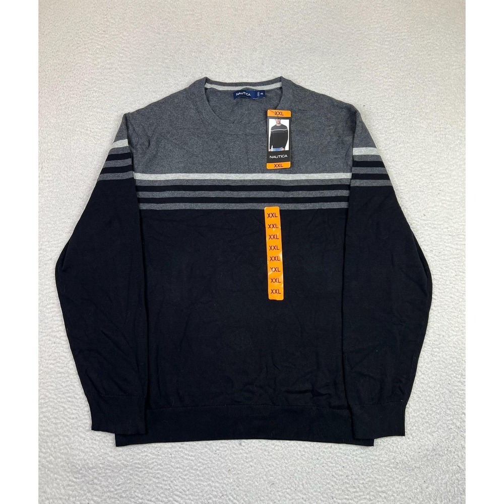 Nautica Sweater Mens 2XL Gray Navy Striped Cotton Crewneck Knit‎ Pullover Casual